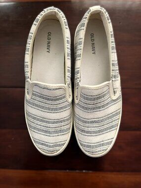 Old Navy Cream and Gray Striped Canvas Slip-On Sneakers